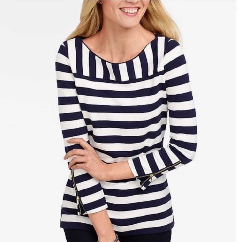 Talbots 3/4 Sleeve Blouse Small Gold Zipper Cuff Navy White Striped Top